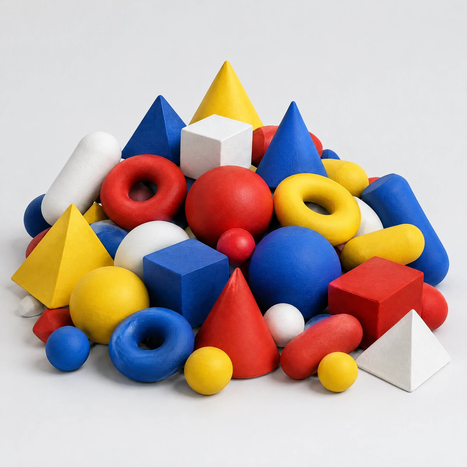 Large heap of matte red, yellow, blue and white spheres, cubes, cones, pyramids, tori and capsules on a light grey background
