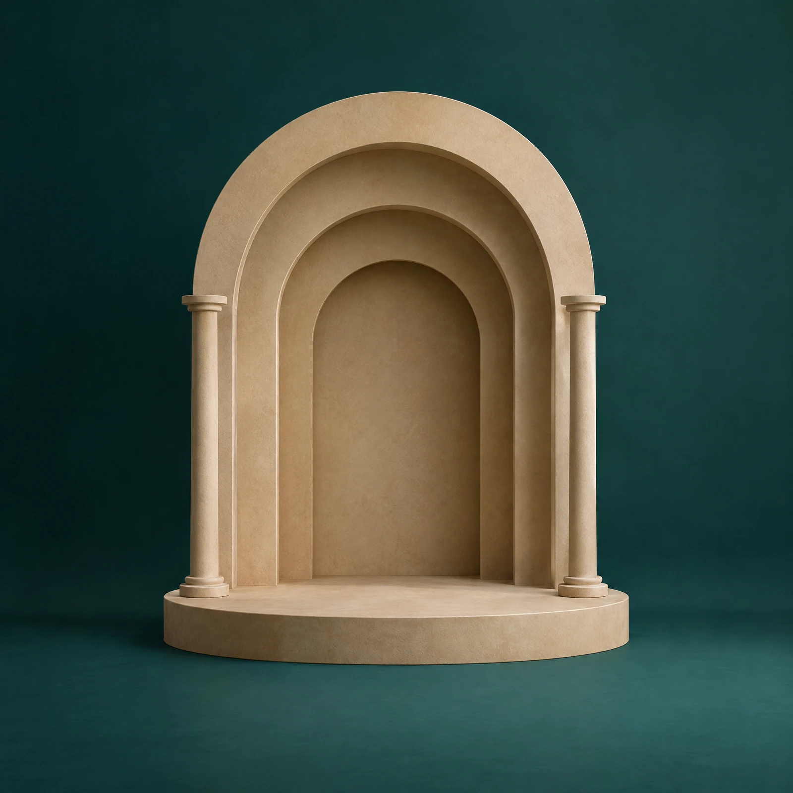 Nested sand-coloured plaster arches with slim pillars on a round plinth against a deep teal background