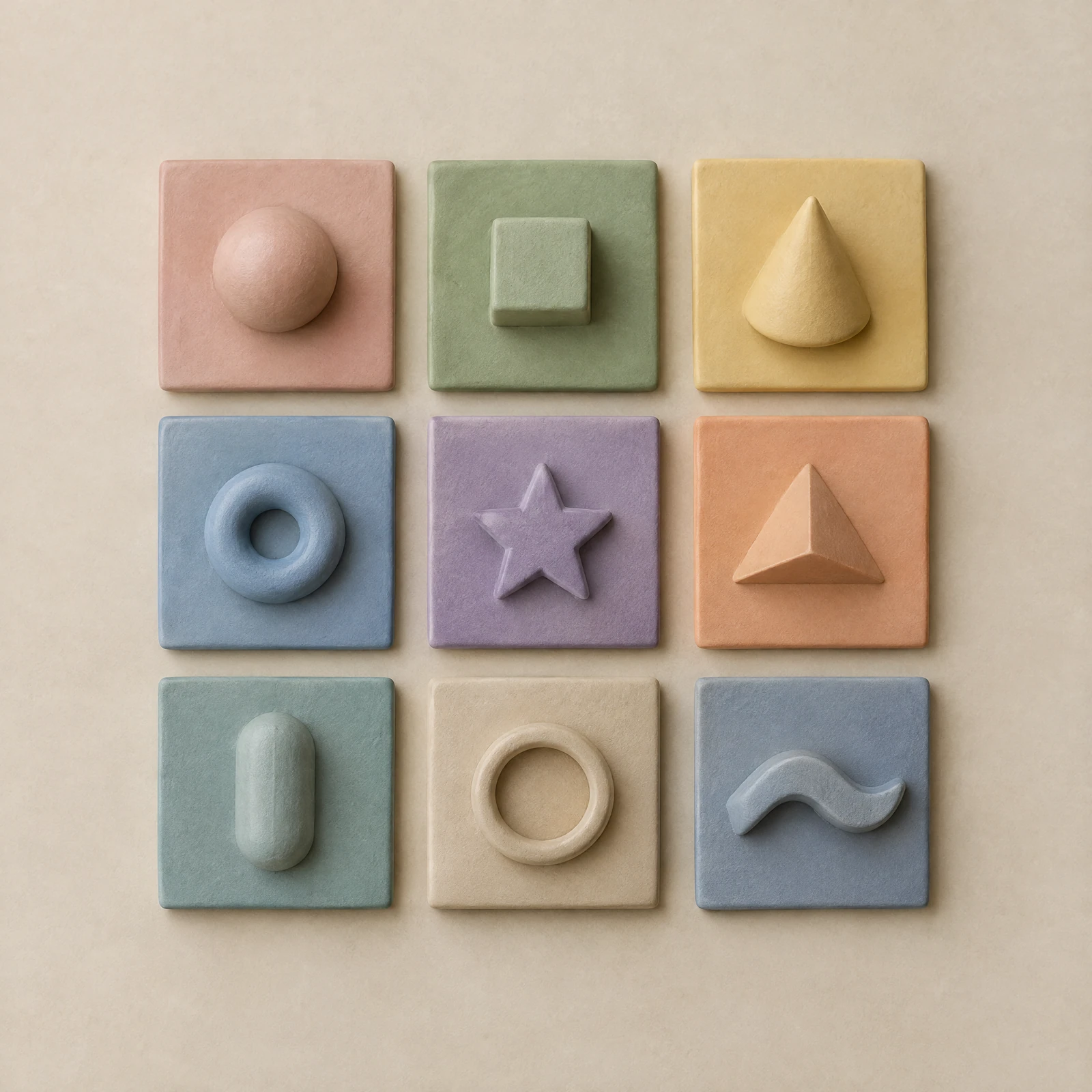 Nine pastel matte clay tiles in a grid, each holding a different small embossed shape, on an oatmeal beige background