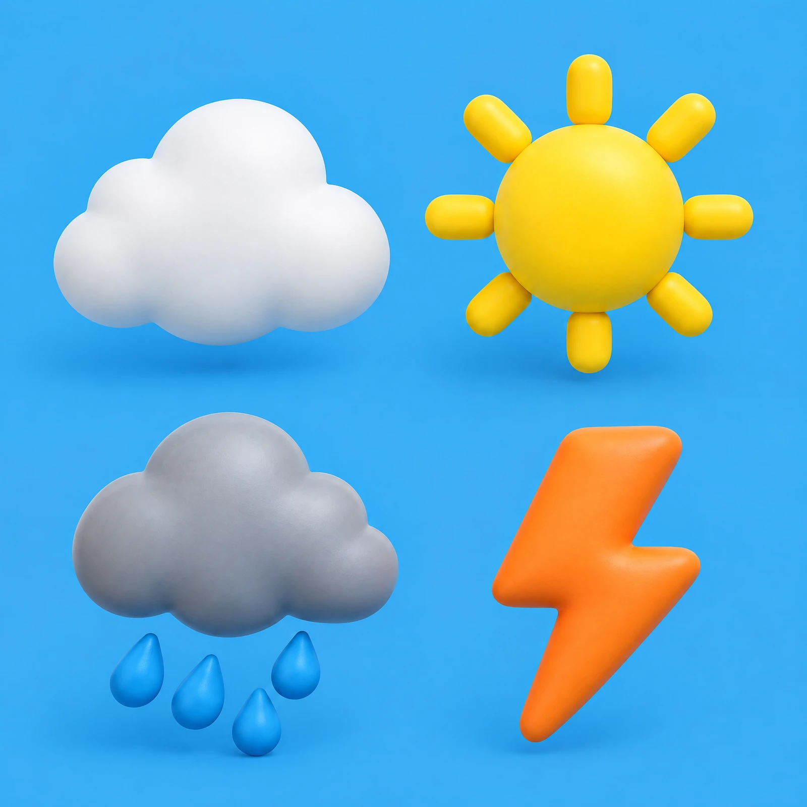 Puffy matte 3D weather icons: a white cloud, a yellow sun, a grey rain cloud and an orange lightning bolt on a sky blue background