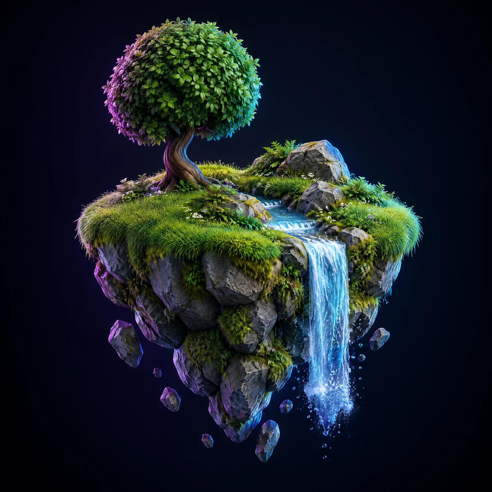 Small floating grassy island with a round tree, rocks and a waterfall on a dark blue background