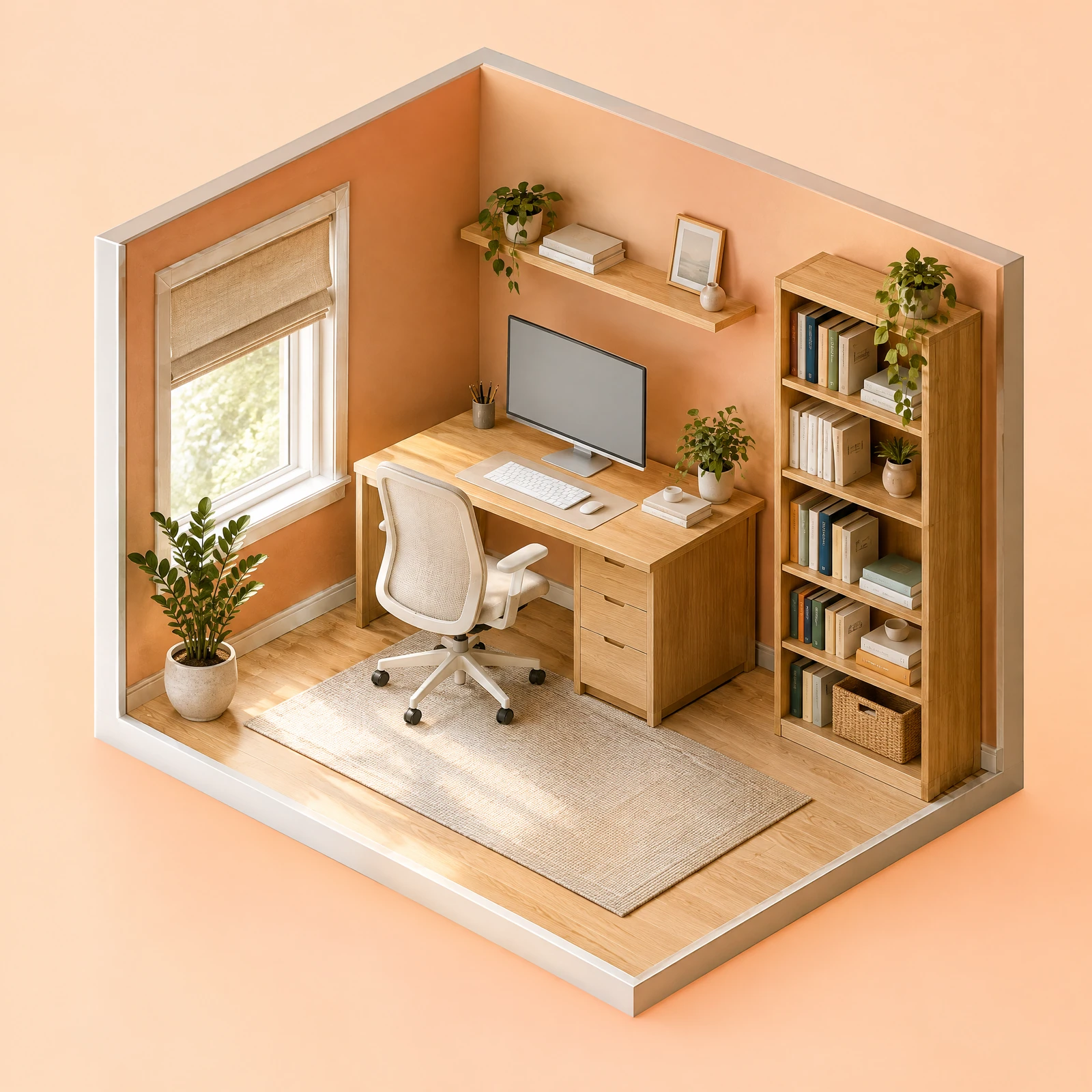 Isometric cutaway home office with peach walls, oak desk, monitor, cream chair, plants and bookshelf on an apricot background