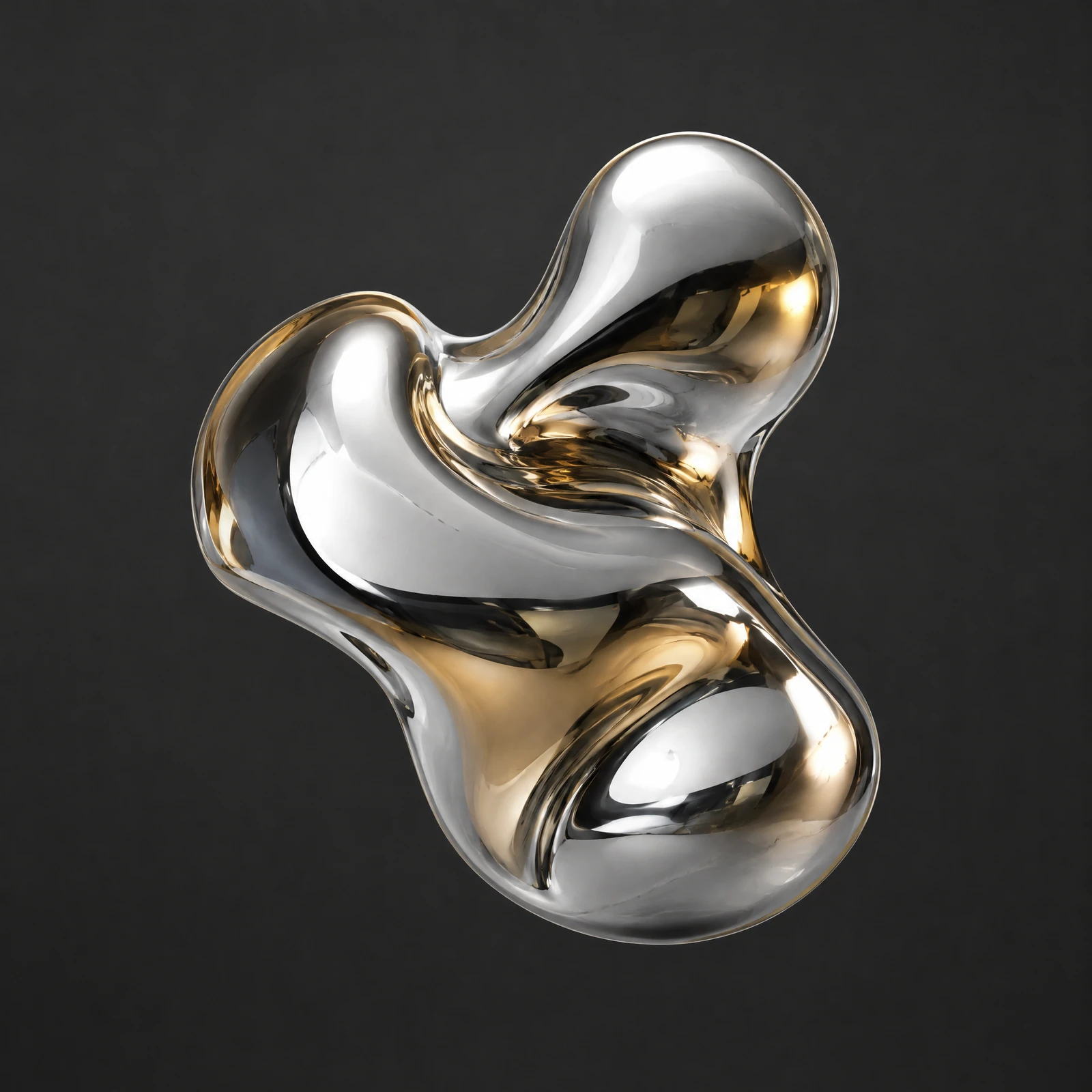 Smooth liquid chrome blob with silver and gold reflections on a charcoal grey background