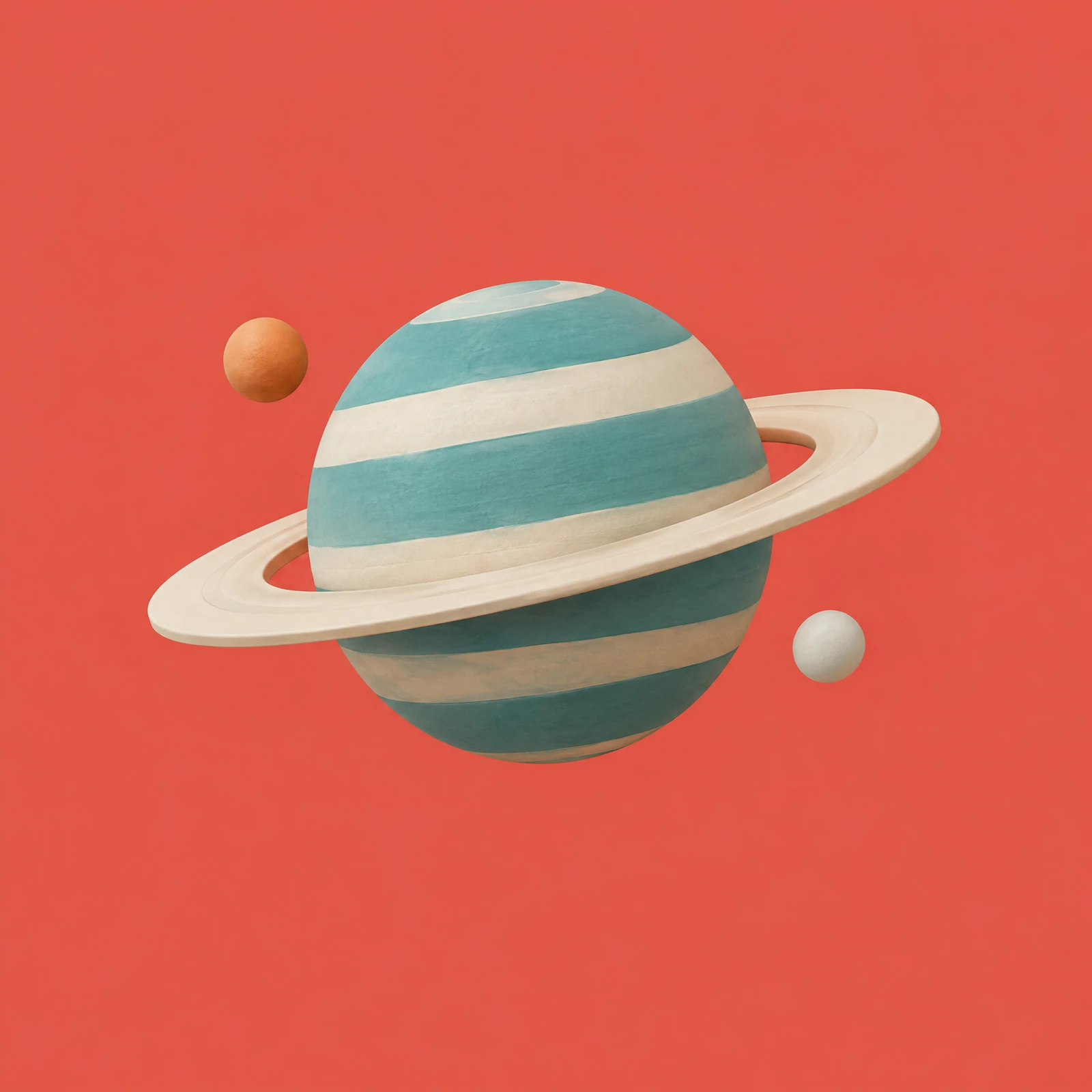 Teal and cream striped clay ringed planet with an orange moon and a white moon on a coral red background