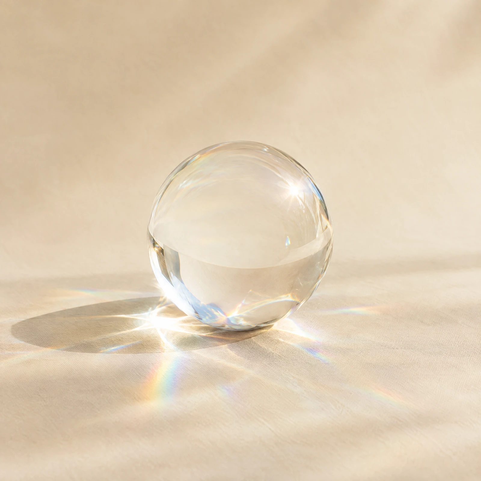Single clear glass orb on cream linen with soft rainbow light caustics and a gentle shadow